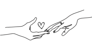 Two hands touching with a heart between them. This represents Bre Miles and her clients both connecting over their common humanity.